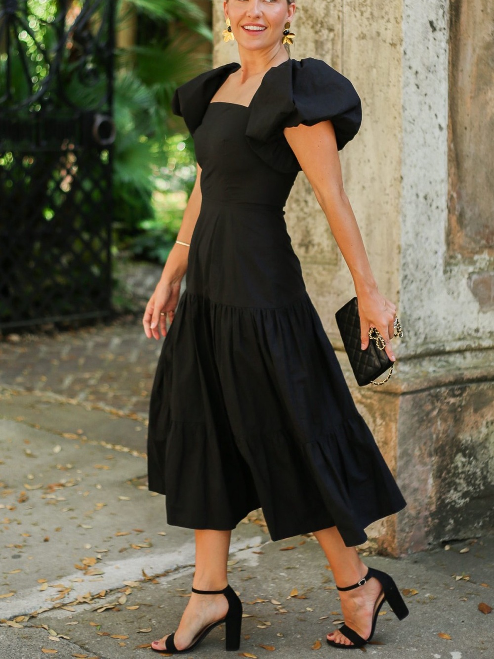 Hunter Bell Cassidy Puff Sleeve Midi Cocktail Dress in Black Sz 6